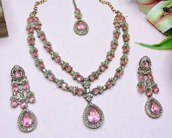 Pink yellow gold premium designer american diamond and stone work necklace set 3