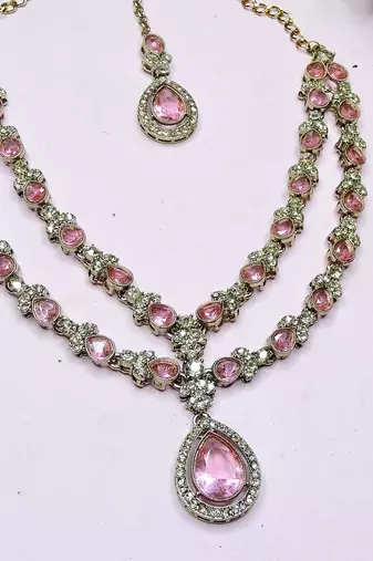 Pink yellow gold premium designer american diamond and stone work necklace set