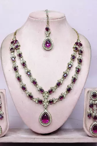 Purple yellow gold premium designer american diamond and stone work necklace set