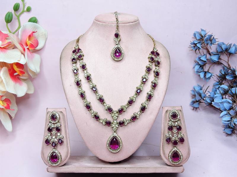 Purple yellow gold premium designer american diamond and stone work necklace set
