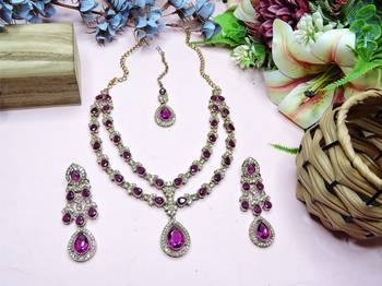 Purple yellow gold premium designer american diamond and stone work necklace set 2