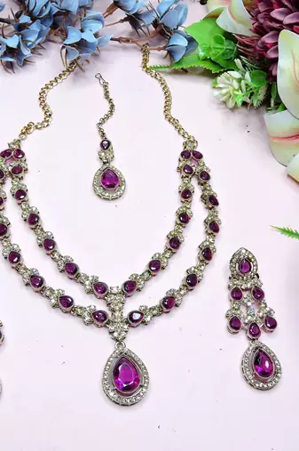 Purple yellow gold premium designer american diamond and stone work necklace set