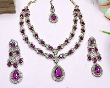 Purple yellow gold premium designer american diamond and stone work necklace set 3