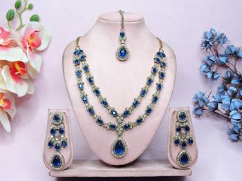 Blue yellow gold premium designer american diamond and stone work necklace set 1