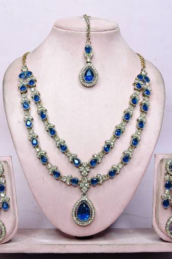 Blue yellow gold premium designer american diamond and stone work necklace set