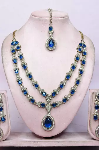 Blue yellow gold premium designer american diamond and stone work necklace set