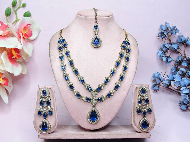 Blue yellow gold premium designer american diamond and stone work necklace set