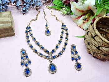 Blue yellow gold premium designer american diamond and stone work necklace set 2