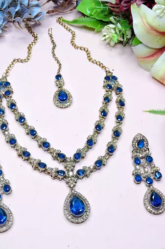 Blue yellow gold premium designer american diamond and stone work necklace set