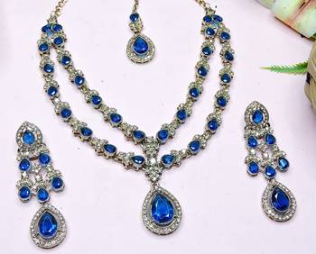 Blue yellow gold premium designer american diamond and stone work necklace set 3
