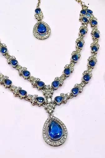 Blue yellow gold premium designer american diamond and stone work necklace set