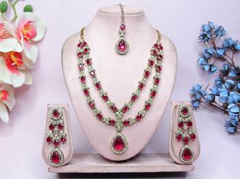 Pink yellow gold premium designer american diamond and stone work necklace set 1