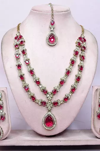 Pink yellow gold premium designer american diamond and stone work necklace set