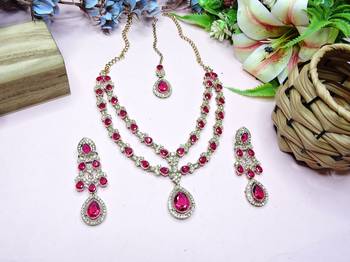 Pink yellow gold premium designer american diamond and stone work necklace set 2