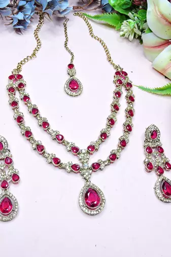 Pink yellow gold premium designer american diamond and stone work necklace set