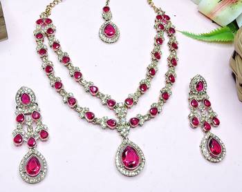 Pink yellow gold premium designer american diamond and stone work necklace set 3