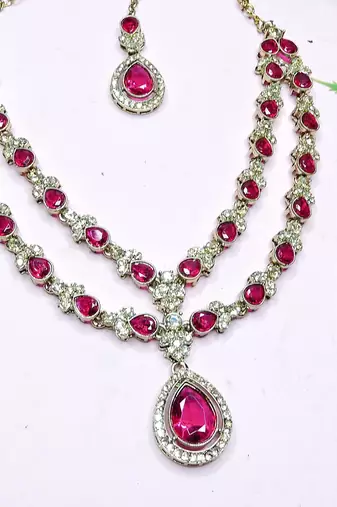 Pink yellow gold premium designer american diamond and stone work necklace set