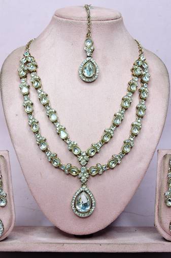 White yellow gold premium designer american diamond and stone work necklace set
