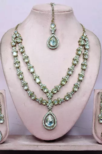 White yellow gold premium designer american diamond and stone work necklace set