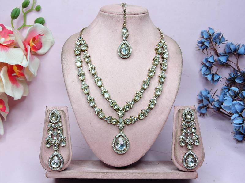 White yellow gold premium designer american diamond and stone work necklace set