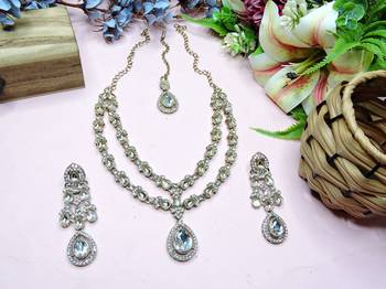 White yellow gold premium designer american diamond and stone work necklace set 2