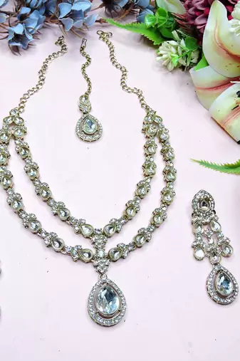 White yellow gold premium designer american diamond and stone work necklace set