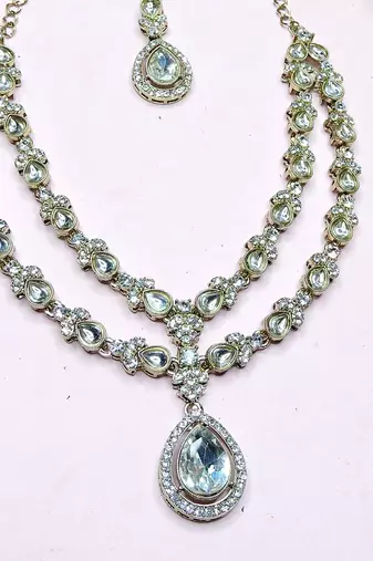 White yellow gold premium designer american diamond and stone work necklace set