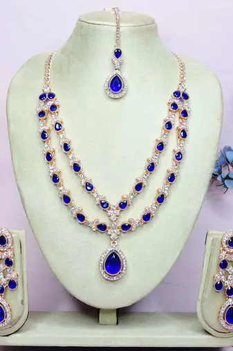 Blue rose gold premium designer american diamond and stone work necklace set