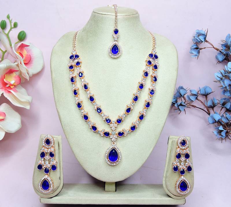 Blue rose gold premium designer american diamond and stone work necklace set