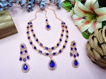 Blue rose gold premium designer american diamond and stone work necklace set 2