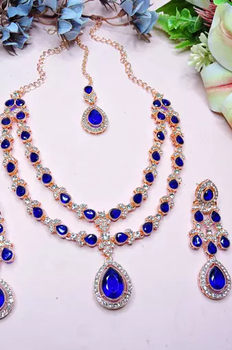 Blue rose gold premium designer american diamond and stone work necklace set