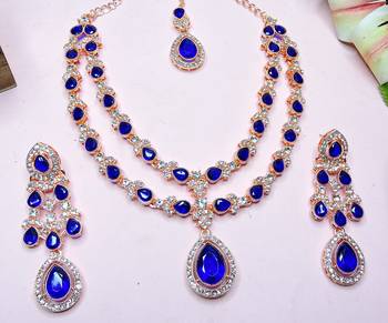 Blue rose gold premium designer american diamond and stone work necklace set 3