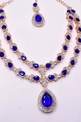 Blue rose gold premium designer american diamond and stone work necklace set