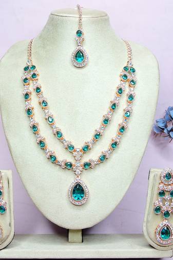 Green rose gold premium designer american diamond and stone work necklace set