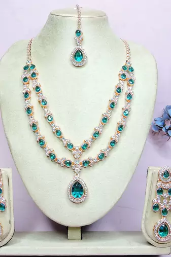 Green rose gold premium designer american diamond and stone work necklace set