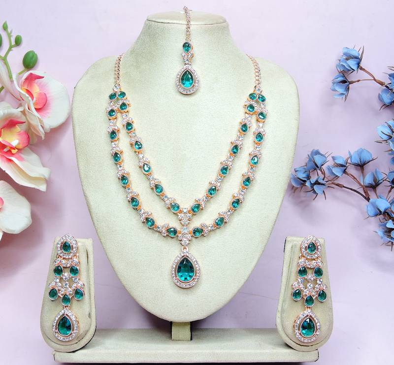 Green rose gold premium designer american diamond and stone work necklace set