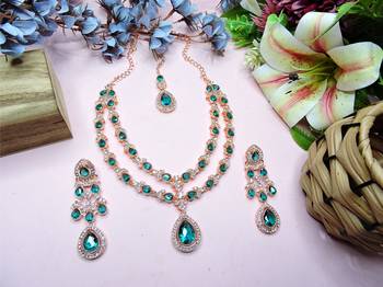 Green rose gold premium designer american diamond and stone work necklace set 2
