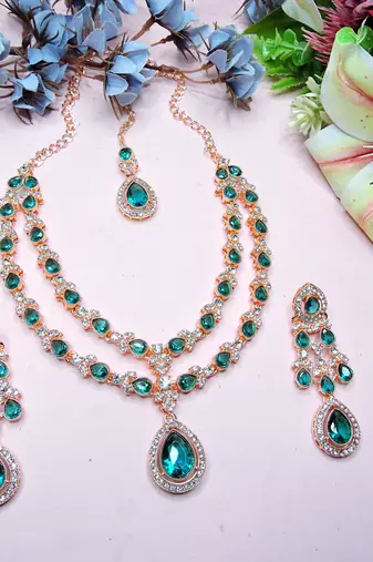 Green rose gold premium designer american diamond and stone work necklace set