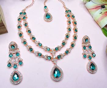 Green rose gold premium designer american diamond and stone work necklace set 3