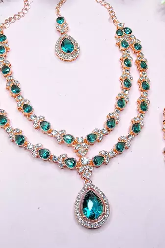 Green rose gold premium designer american diamond and stone work necklace set