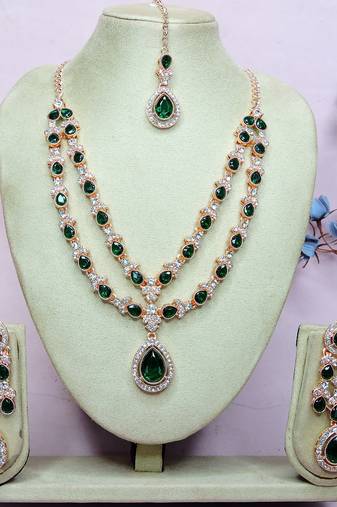 Green rose gold premium designer american diamond and stone work necklace set