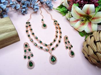 Green rose gold premium designer american diamond and stone work necklace set 2