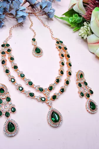Green rose gold premium designer american diamond and stone work necklace set