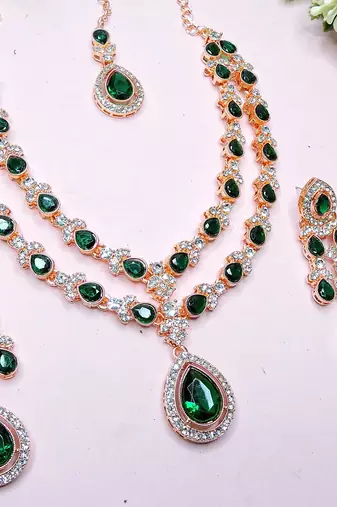 Green rose gold premium designer american diamond and stone work necklace set