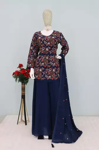 Blue chinon embroidered with squence work free size salwar suit