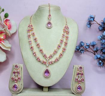 Purple rose gold premium designer american diamond and stone work necklace set 1