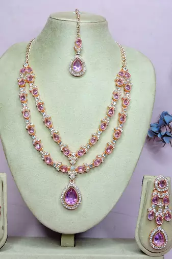Purple rose gold premium designer american diamond and stone work necklace set