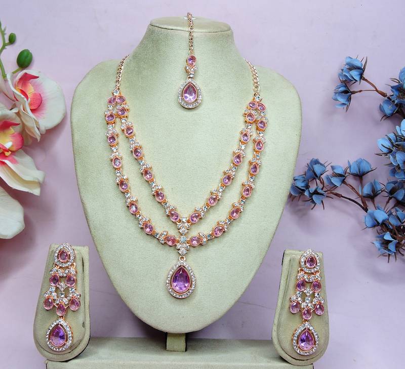 Purple rose gold premium designer american diamond and stone work necklace set