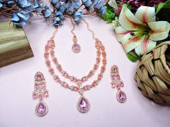 Purple rose gold premium designer american diamond and stone work necklace set 2