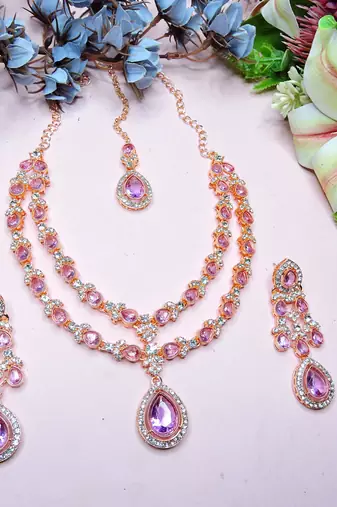 Purple rose gold premium designer american diamond and stone work necklace set